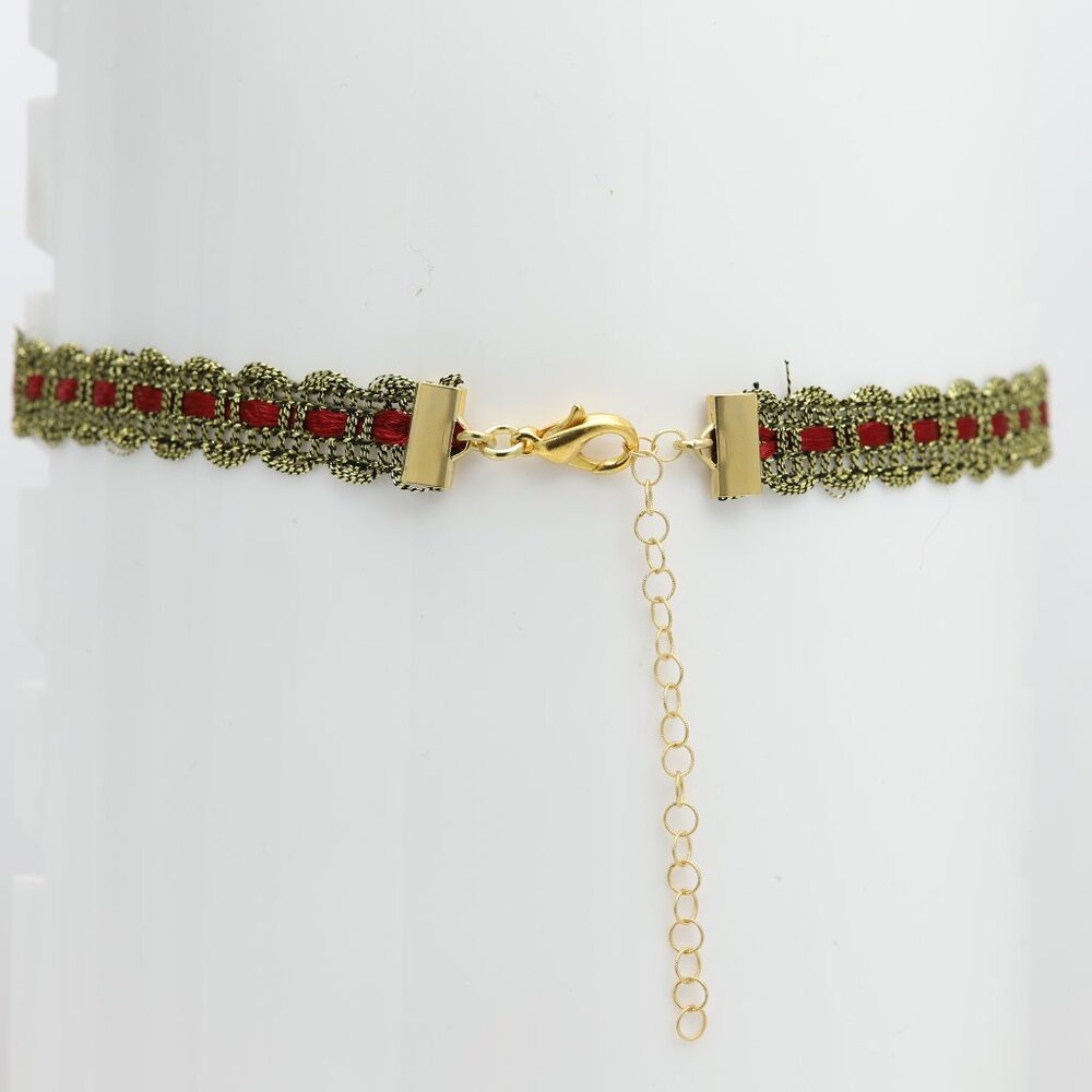 Gold Tone Lace Choker - Adjustable Choker 12.5' - 15' inch Red and Gold choker - Picture 3 of 11